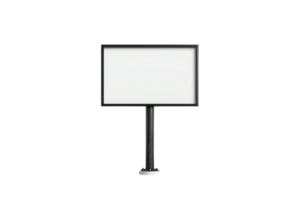 Empty white rectangular sign on a black stand with a blank space for text or advertisement against a transparent background. png