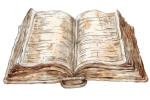 Vintage open book illustration with weathered pages and antique appearance, highlighting a sense of history and tradition. png