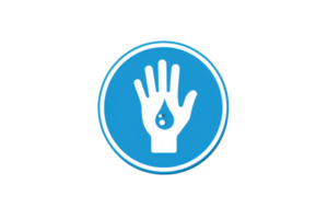 Sanitation and hygiene icon representing handwash with a water droplet symbol inside a blue circular background with white border. png