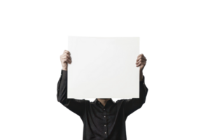 Person holding blank whiteboard in front of face isolated on transparent background. Concept of anonymity, privacy, and personal space. png