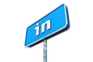A 3D-rendered LinkedIn street sign with a blue sky background. Ideal for business, networking, and social media themes. png