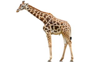 A tall giraffe with a detailed pattern on its body stands isolated on a transparent background. showcasing the beauty of wildlife and nature. png