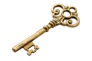 uma vintage, ornamentado dourado esqueleto chave com intrincado detalhes, representando história, segurança, e mistério. ideal para vários temático estoque fotos. png