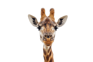 Close-up of a giraffe's face isolated on a transparent background. showcasing its unique spots and tall neck. png