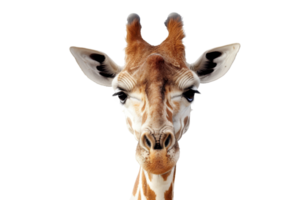 Close-up of a giraffe's face isolated on a transparent background. showcasing its distinctive features and curious expression. png