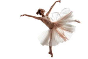 Graceful ballet dancer in a flowing white tutu mid-jump, isolated on a transparent background. showcasing elegance and poise in the art of ballet. png