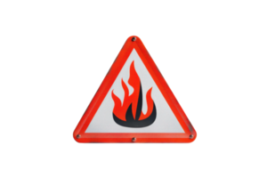 Triangular fire warning sign with red border and flame symbol, isolated on transparent background. indicating fire hazard or danger. png