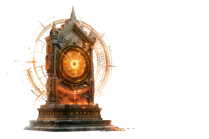A mystical stone clock with luminous gears and intricate details set against a dark background, evoking fantasy and magic themes. png
