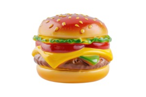 A realistic plastic model of a cheeseburger with lettuce, tomato, cheese, and sesame seed bun, isolated on a transparent background. png