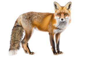 A majestic red fox standing tall, showcasing its beautiful fur and alert expression, isolated on a transparent background. png