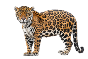 A striking jaguar with a powerful stance showcasing its beautifully patterned fur, standing proudly against a plain background. png