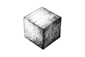 Abstract black and white sketch of a wooden cube isolated on a transparent background. depicting texture and geometric simplicity. png