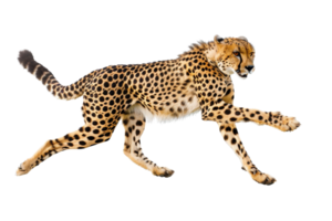 A majestic cheetah in full sprint showcasing its speed and agility against a clear background, capturing the essence of wild predator grace. png