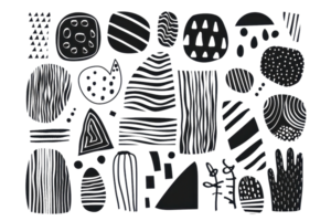 Abstract black and white geometric shapes and patterns. Diverse design elements with lines and dots, creating a modern aesthetic. png