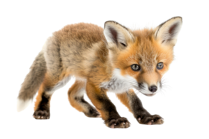 Adorable red fox cub standing and looking intensely, showcasing its vibrant fur and curious eyes isolated on transparent background. png