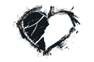 Abstract black and white heart illustration with rough, textured edges, symbolizing broken or mended feelings and emotions. png