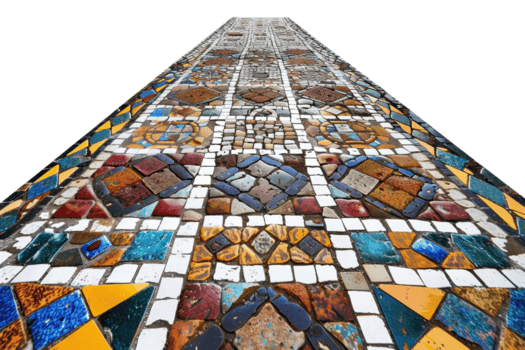 une vibrant mosaïque tuile sentier avec complexe motifs et une mélanger de coloré carrelage, de premier plan à le horizon dans une la perspective voir. png