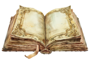 Ancient open book with ornate decor and empty pages, inviting imagination and creativity from the past into the present. png