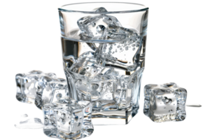 Clear glass filled with ice cubes and water with ice cubes scattered around, transparent and refreshing look for beverage imagery. png