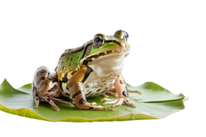Close-up of a colorful frog perched on a green leaf, isolated on transparent background. Perfect for nature, wildlife, and amphibian themed projects. png