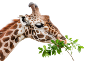 Close-up of a giraffe eating green leaves, showcasing its unique patterns and majestic presence against a transparent background. png