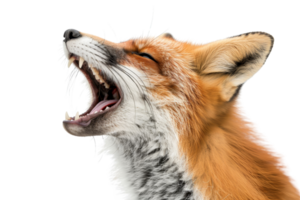 Close-up of a fox with an open mouth showcasing its teeth. The fur and facial expression are clearly visible. png