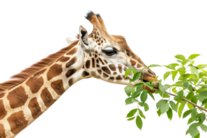 Close-up of a giraffe feeding on leaves from a tree branch, showcasing its unique patterned neck and natural habitat. png
