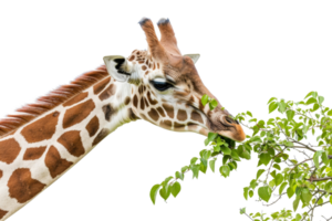 Close-up of a giraffe eating green leaves from a tree branch, showcasing its long neck and patterned fur in a natural setting. png