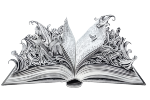 Artistic open book with intricate, imaginative designs emerging from the pages, symbolizing creativity, fantasy, and storytelling. png
