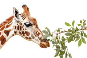 Close-up of a giraffe eating leaves from a branch, isolated on a transparent background. The giraffe is seen in profile with detailed fur patterns. png