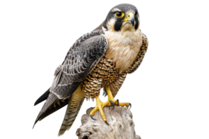 Close-up of a majestic peregrine falcon perched on a branch, showcasing its striking plumage and piercing eyes against a transparent background. png