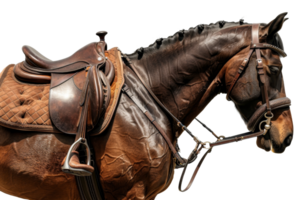 Close-up of a brown horse with detailed tack, highlighting the saddle, bridle, and reins, perfect for equestrian themes or ranch promotions. png