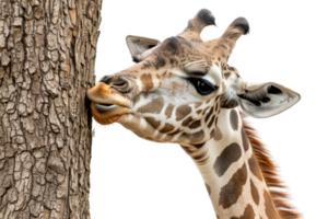 Close-up of a giraffe licking a tree bark, showcasing its long neck and distinctive spotted pattern against a transparent background. png
