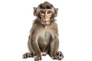 Close-up of a young monkey sitting and staring forward with a neutral expression, isolated on transparent background. png