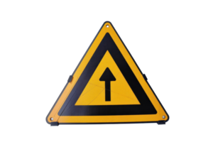 Close-up of a yellow triangular traffic sign with a black arrow pointing upward, indicating a direction or warning on a transparent background. png