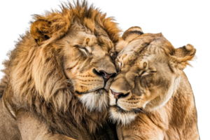 Close-up of a lion and lioness sharing an intimate moment, showcasing their bond and affection in the wild. png