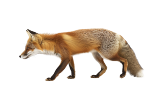 Graceful red fox on the move, isolated on a transparent background. showcasing its sleek fur and sharp features. png