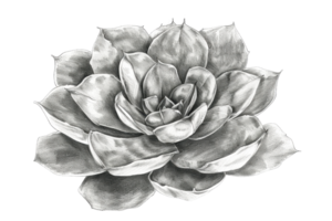 Detailed black and white pencil sketch of a succulent, showcasing the intricate texture and natural beauty of the plant. png