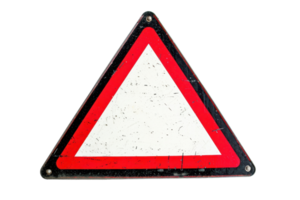 Old triangular road sign with red border isolated on transparent background. Warning sign for traffic regulations and safety. png