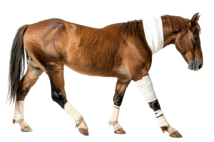 Injured horse wrapped in bandages on neck and legs, isolated on transparent background. showing signs of recovery and care. png