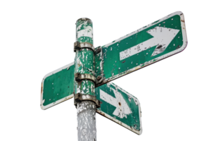 Old green directional signs with white arrows pointing in opposite directions, isolated on a transparent background. png