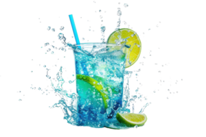 Refreshing blue cocktail with lime slices splashing, perfect for summer and party themes with vibrant, energetic vibes. png