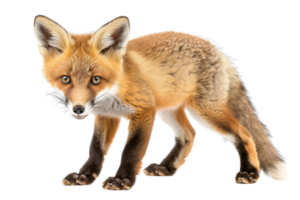 Red fox with fluffy tail and alert expression standing against a transparent background. showcasing its beautiful fur and keen eyes. png