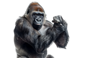 Portrait of a powerful gorilla showing strength and intelligence on a transparent background. Majestic and captivating wild animal close-up. png