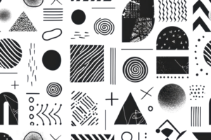 Seamless pattern of various geometric shapes in black and white. Ideal for backgrounds, textiles, and modern design projects. png