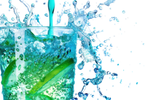 Refreshing lime sparkling water being poured into a glass with ice, against a vibrant backdrop of splashing water droplets. png