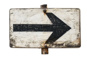 Rustic vintage right arrow sign with weathered wood texture, isolated on transparent background. Ideal for navigation, direction, or street themes. png