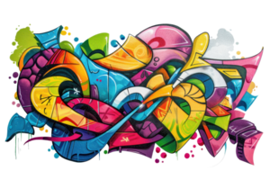 Vibrant graffiti mural with abstract shapes and colorful patterns creating a dynamic urban art piece full of energy and creativity. png