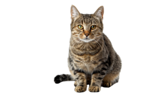 A brown tabby cat with striking stripes sitting against a transparent background. looking directly at the camera. png