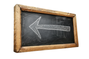 Wooden framed blackboard with a hand-drawn chalk arrow pointing left. Ideal for educational or directional concepts. png